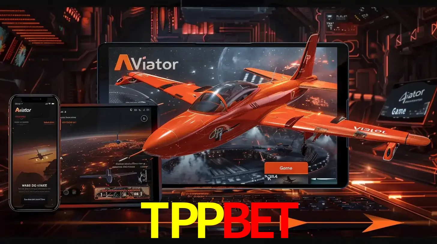 Apresentação tecnológica do jogo Aviator com um avião saindo da tela de um tablet, demonstrando a experiência imersiva em múltiplos dispositivos no TPPBET.