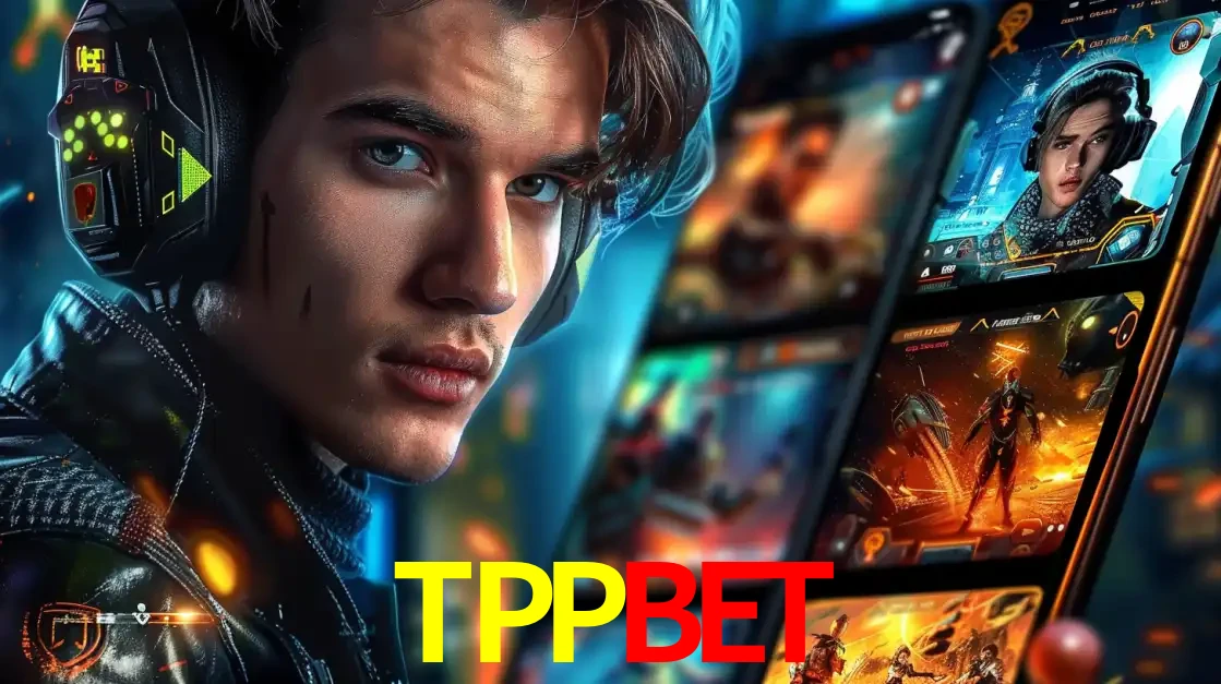 Jovem jogador com fones de ouvido olhando para a câmera, com um aplicativo de jogos e e-sports para celular ao fundo, pronto para a competição e apostas no TPPBET.