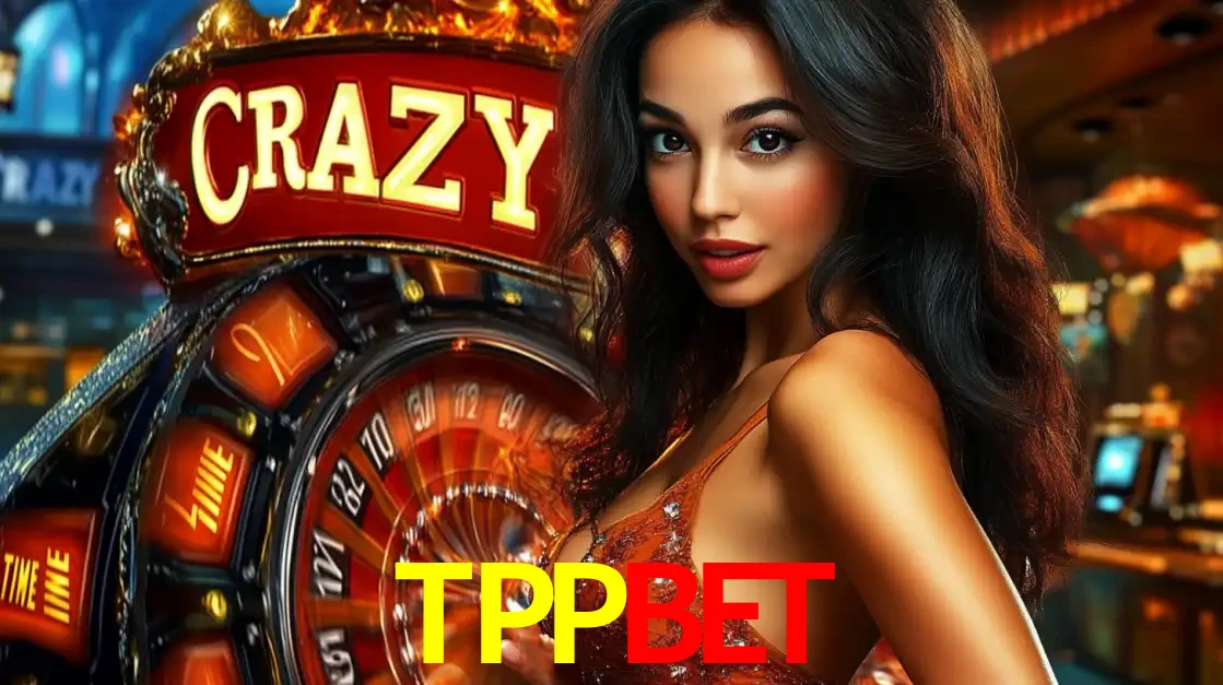 Mulher glamourosa olhando para a câmera com a roda vermelha do Crazy Time ao fundo em um ambiente de cassino, destacando a emoção dos jogos ao vivo no TPPBET.