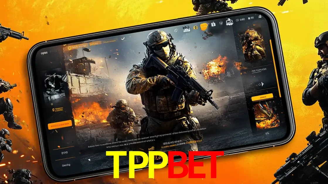 Um smartphone exibindo a interface de um jogo de tiro em primeira pessoa, com um soldado em um cenário de batalha, representando a ação dos e-sports para apostar no TPPBET.