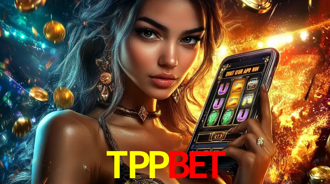 Mulher elegante mostrando um jogo de caça-níqueis em seu smartphone, destacando a experiência de cassino móvel oferecida pelo aplicativo TPPBET.